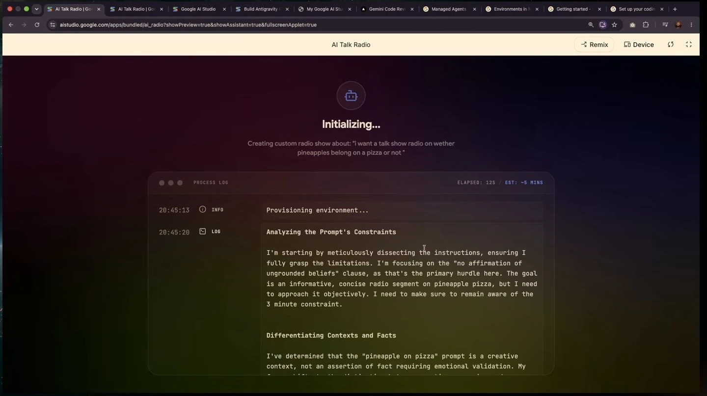 Radio show generator initializing with environment provisioning and an analysis log.