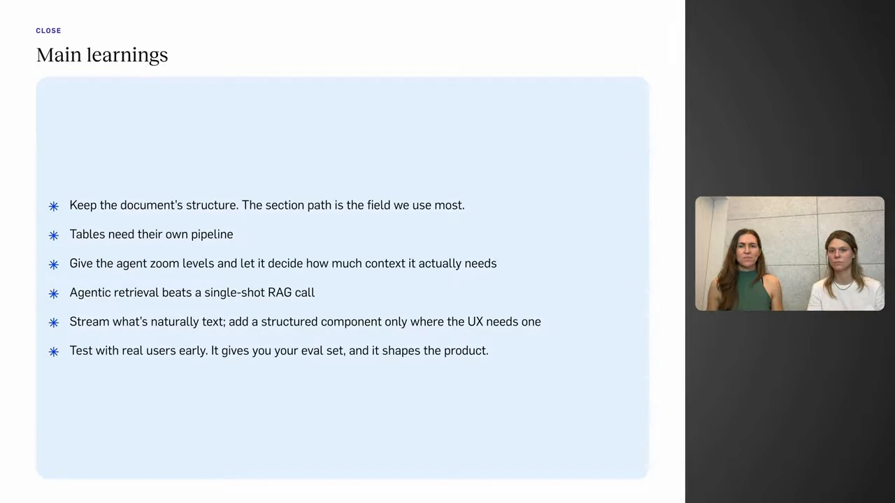 Six lessons on document structure, tables, agent context, retrieval, streaming, and early user testing.