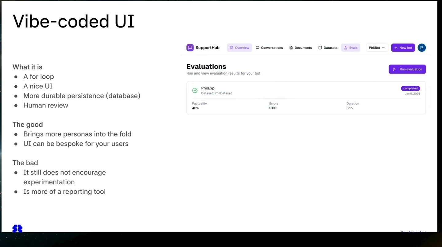A slide describes a custom evaluation UI with persistence and human review, alongside an example results screen.