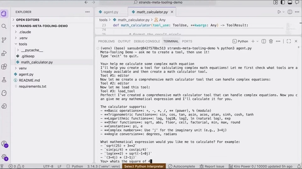 Terminal shows the agent creating and loading a calculator tool, followed by its supported operations.