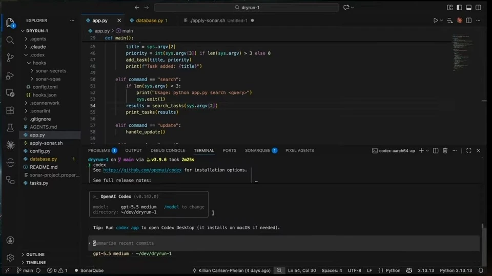 The relaunched Codex interface appears in the editor terminal.