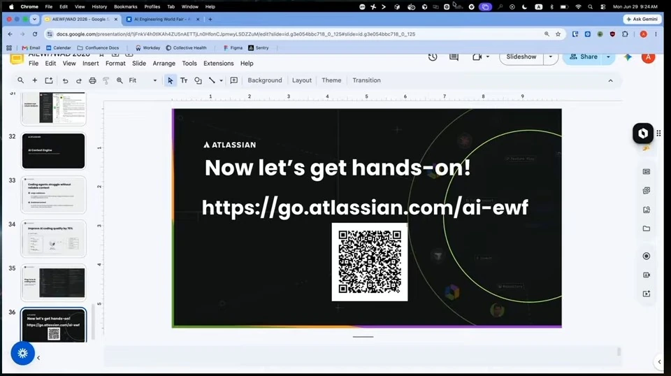 Atlassian hands-on workshop slide with a link and QR code.