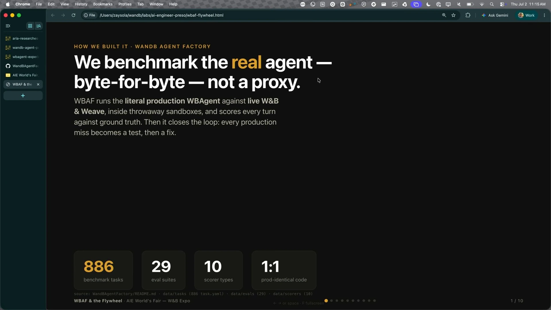 A slide describes testing the production agent in sandboxes and lists benchmark and evaluation counts.