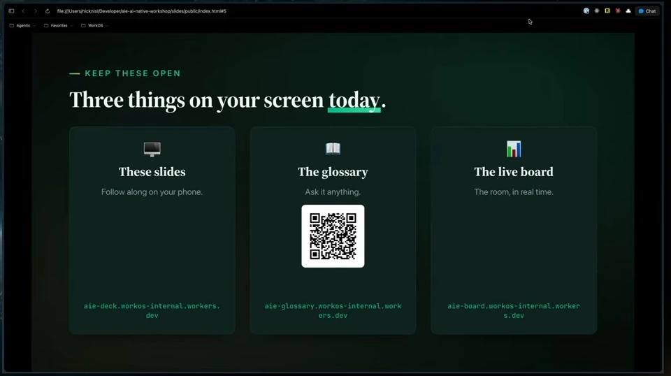 Cards for the slides, glossary, and live board; the glossary card includes a QR code.