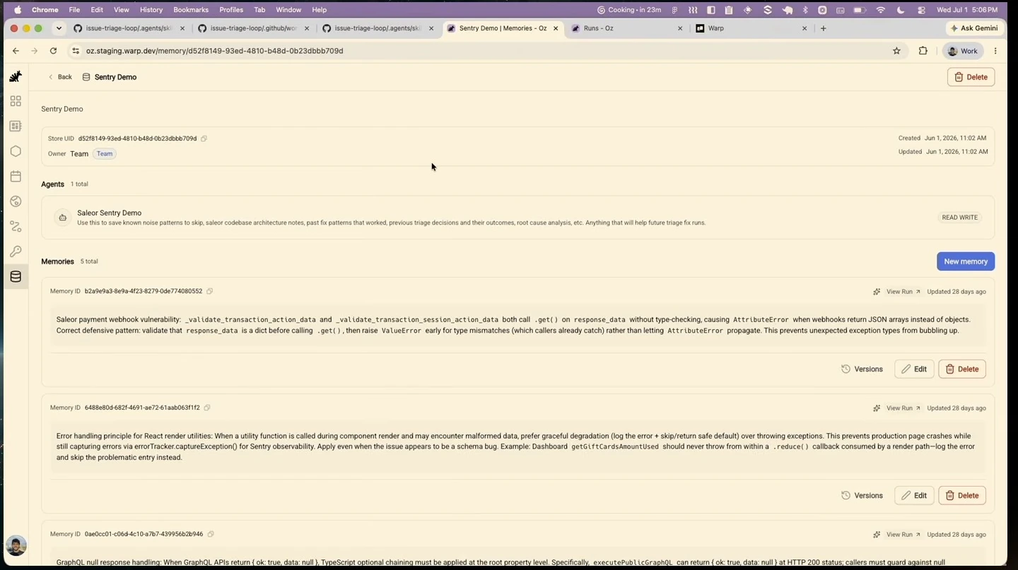 A memory store page showing an agent and saved troubleshooting memories.