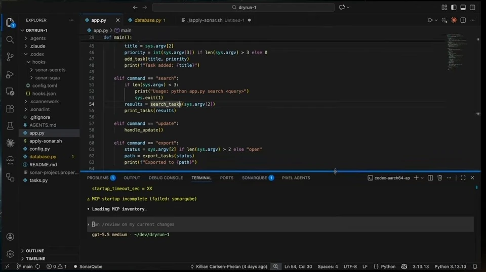 Codex terminal shows a SonarQube MCP startup failure while loading its inventory.