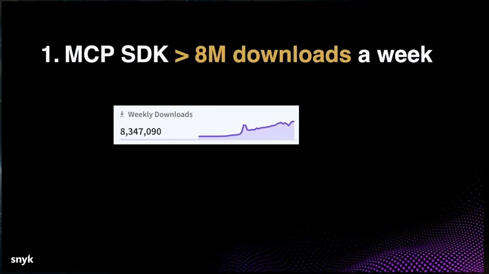 Slide states that the MCP SDK has more than eight million weekly downloads, with a chart showing 8,347,090.