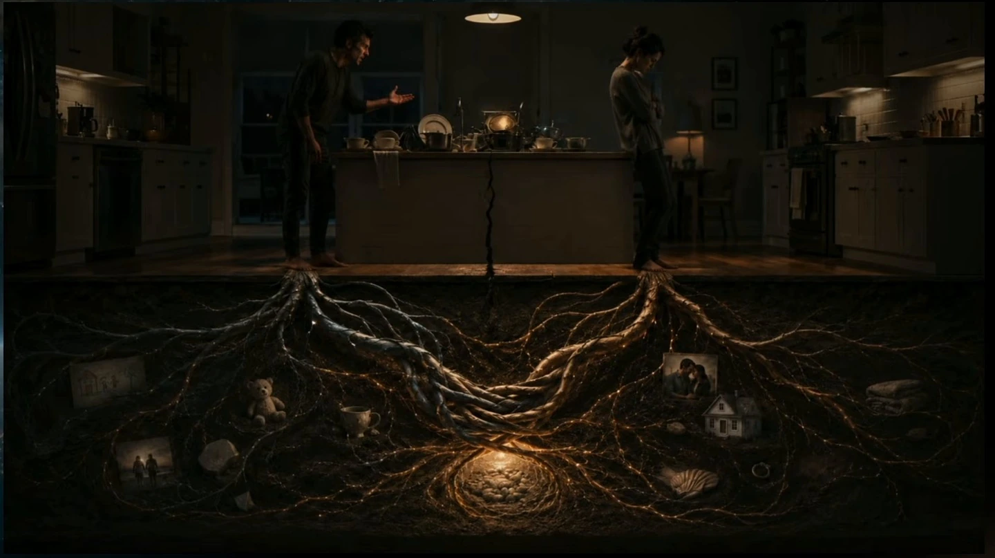 A couple stands apart in a kitchen above tangled roots and personal objects.