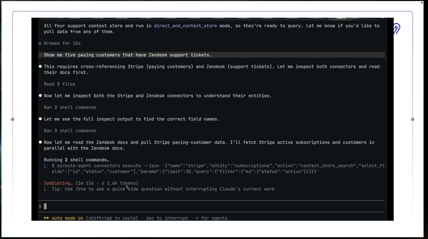 A terminal shows an agent investigating Stripe customers and Zendesk tickets in response to a request for five paying customers with support tickets.