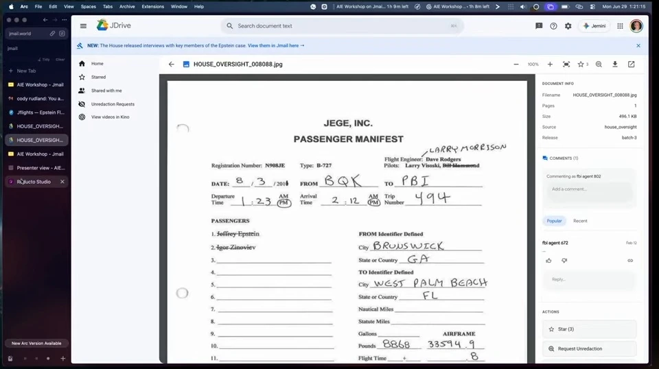 A document viewer displays a handwritten passenger manifest.