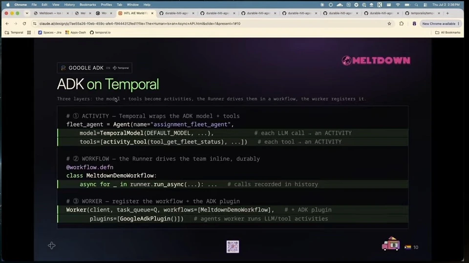 Code examples show an ADK agent using Temporal activities, a workflow runner, and a worker plugin.