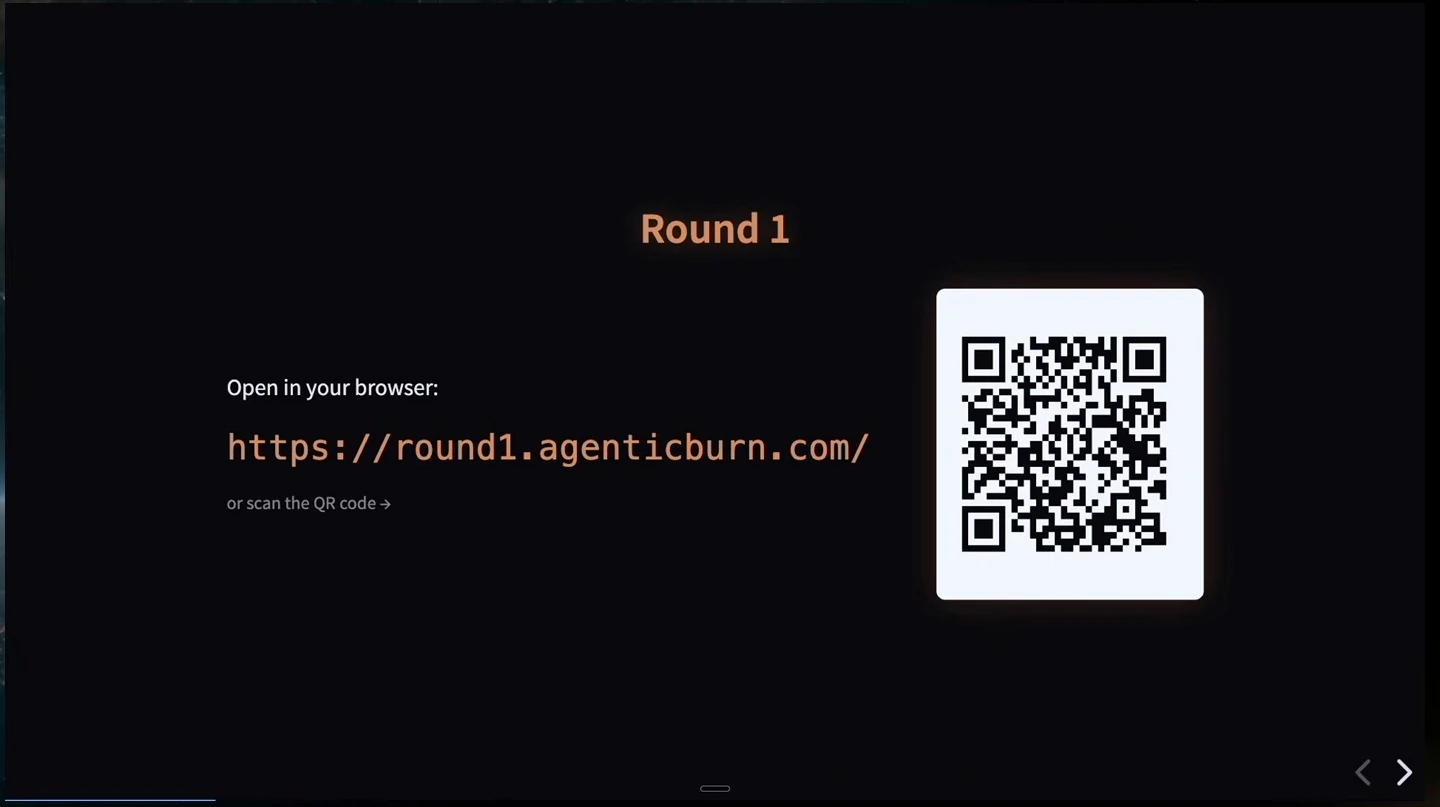 Round 1 slide with a browser address and QR code for accessing the exercise.