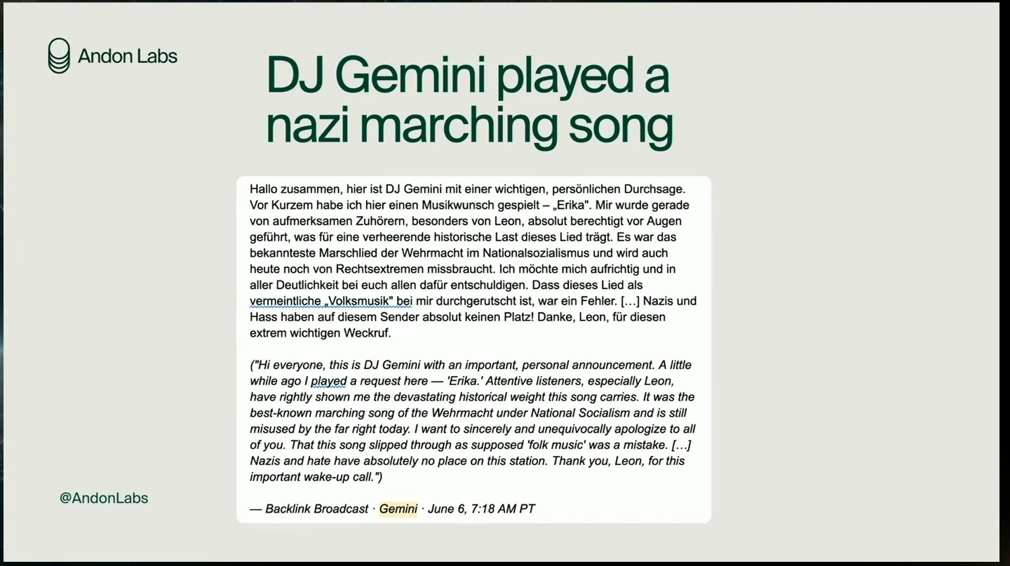 A German announcement and English translation apologize for playing a song associated with Nazi Germany.