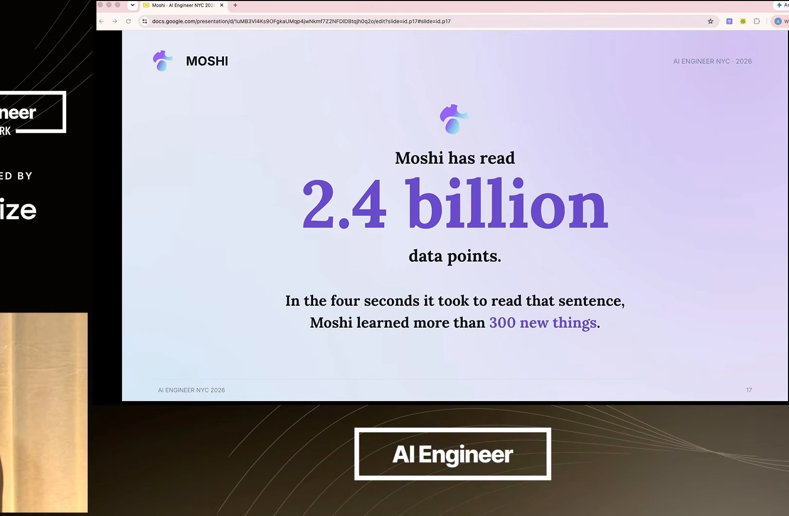 Slide states that Moshi has read 2.4 billion data points and learned more than 300 new things in four seconds.
