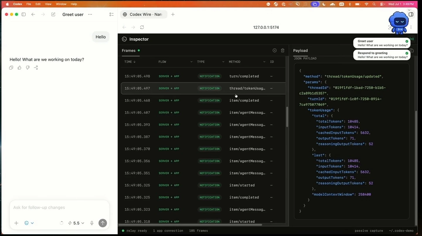 Inspector showing a selected token usage update alongside the completed Codex conversation.