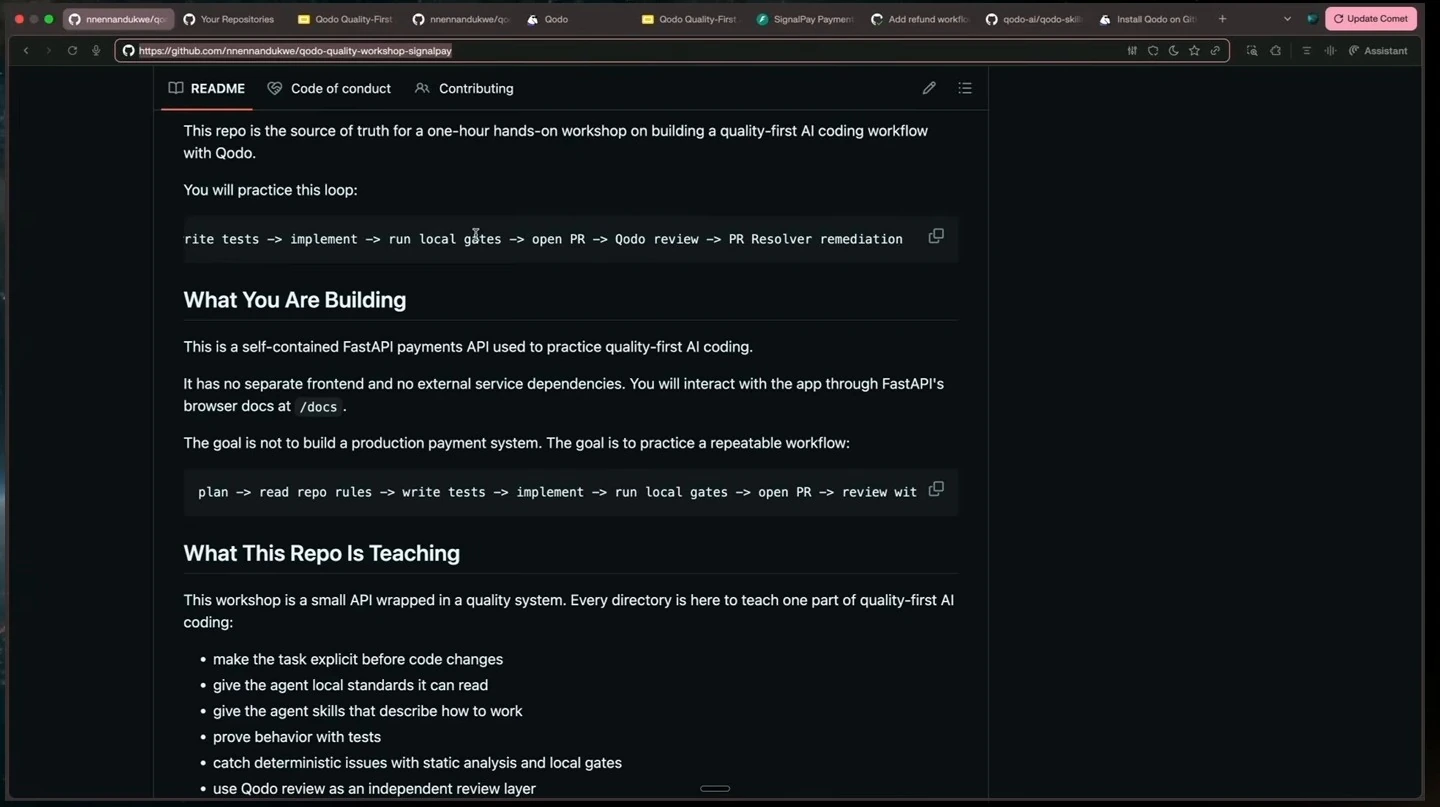 Repository README introduces the quality-first coding workshop and its FastAPI payments app.