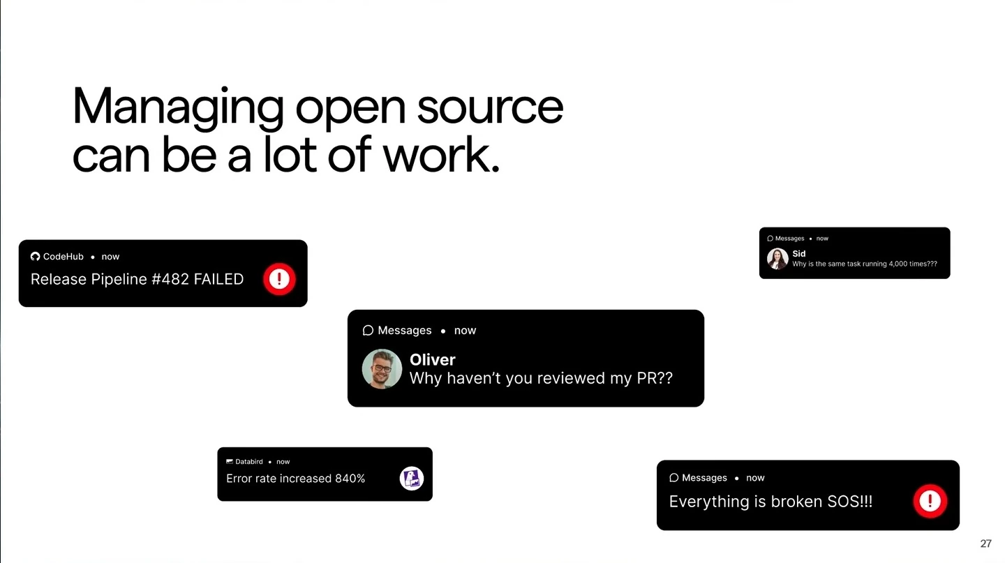 A headline about open-source work above several mock alerts and messages.
