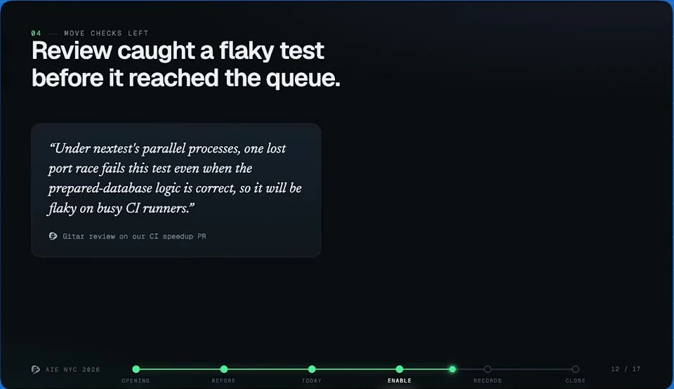Review caught a flaky test before it reached the queue — recorded presentation, build 1