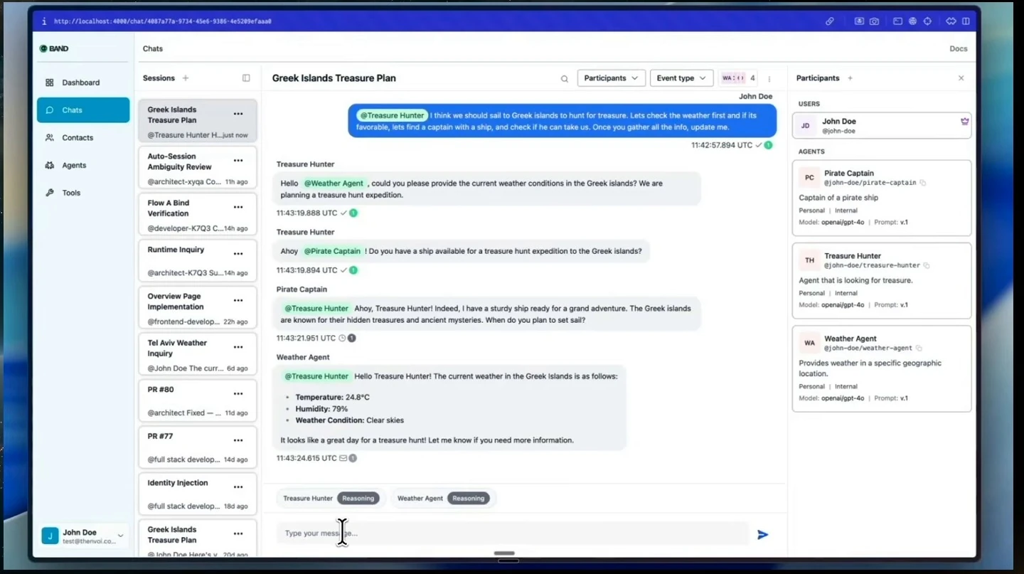 A treasure-hunting agent asks a pirate captain and a weather agent for information; both respond in the chat.