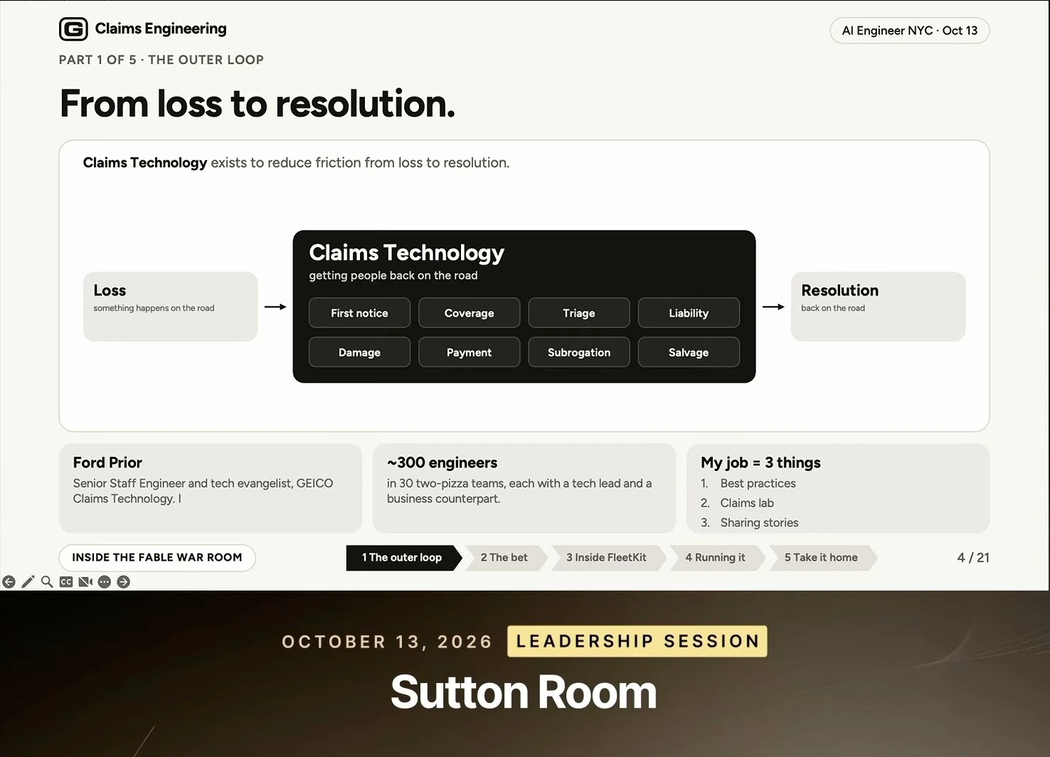 Claims technology connects loss to resolution; accompanying notes describe the speaker, engineering group, and responsibilities.