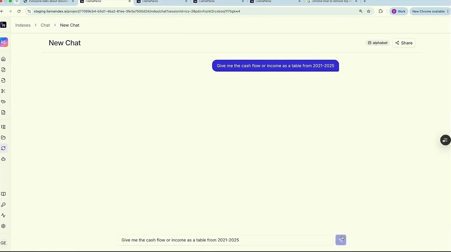 A chat displays a request for a cash-flow or income table covering 2021 through 2025.