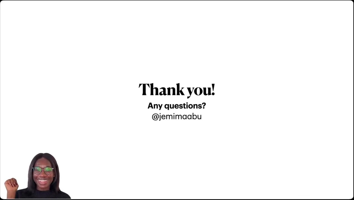 Thank-you slide invites questions and displays the presenter's social handle.