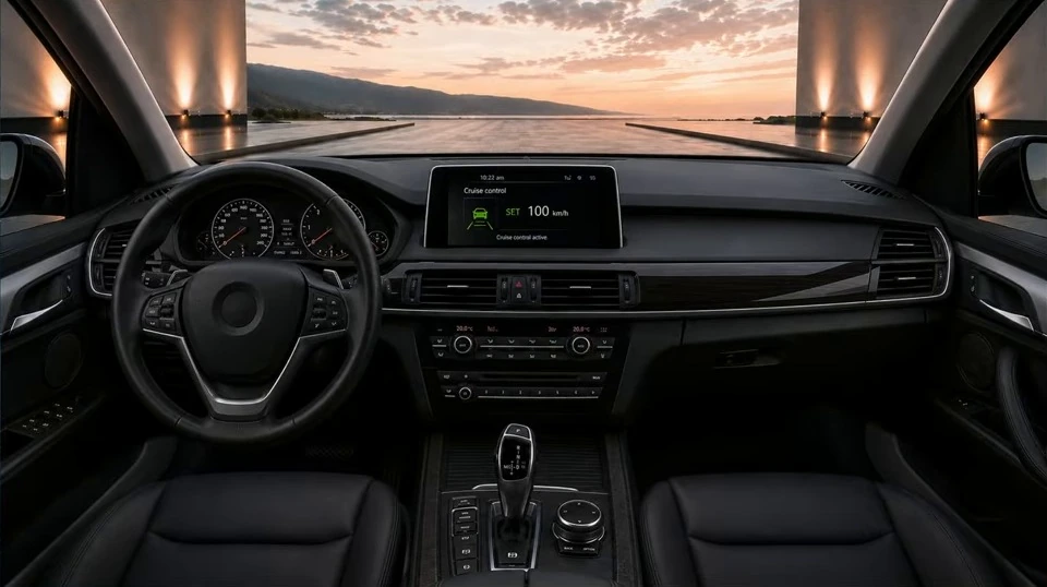 A conventional car dashboard and steering wheel overlooking a sunset.