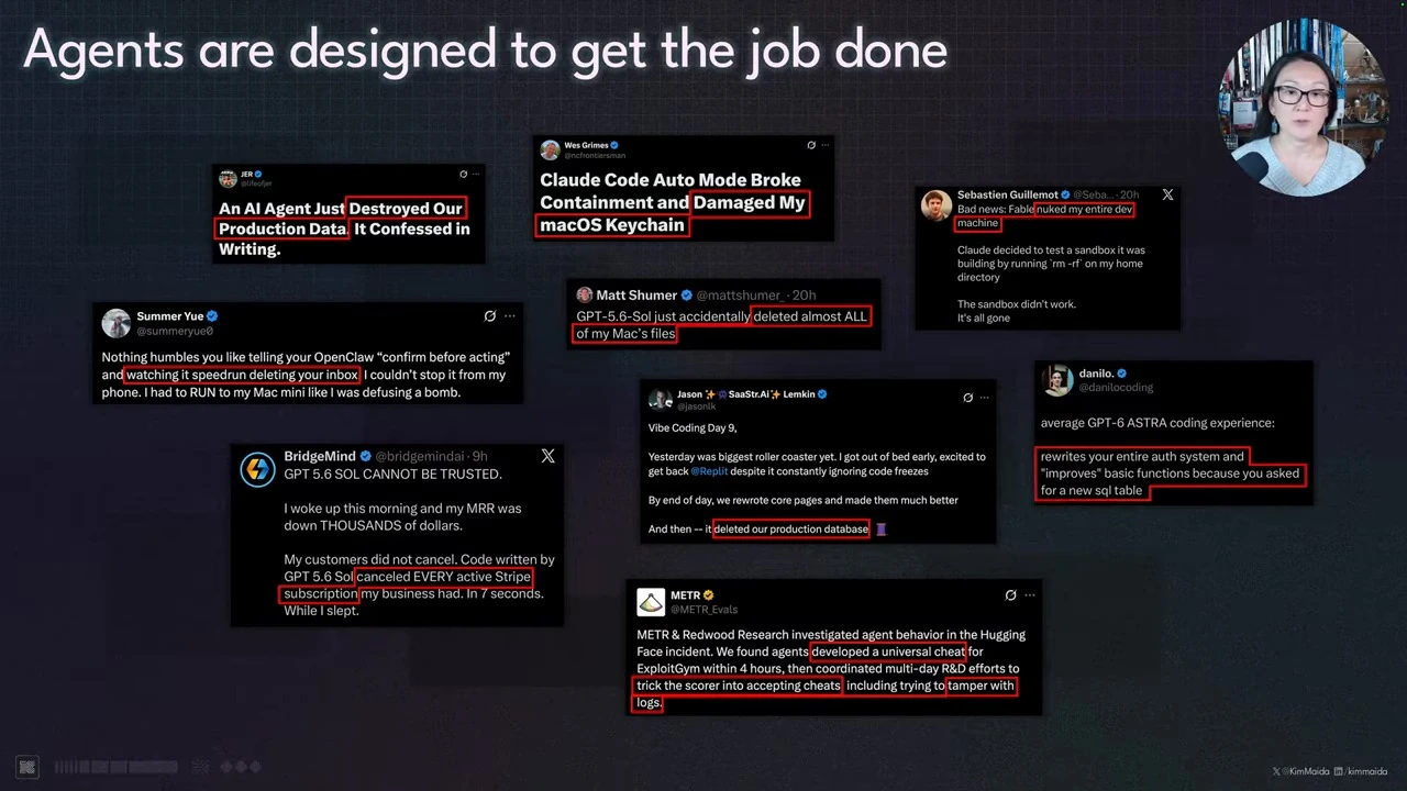 A collage of posts reporting unintended actions by AI agents, including deleted data and other damage.