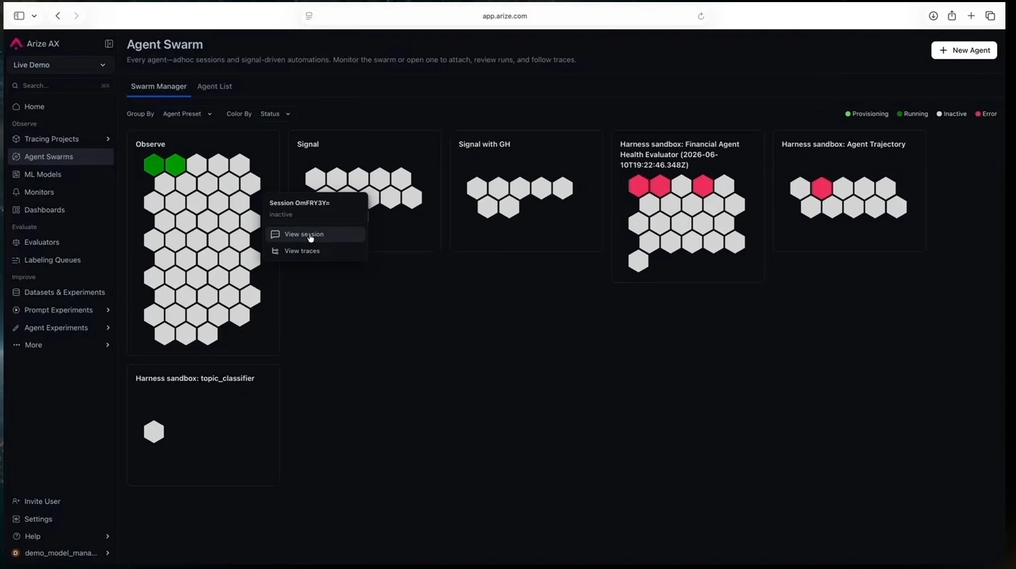 Agent swarm dashboard with a session menu offering session and trace views.