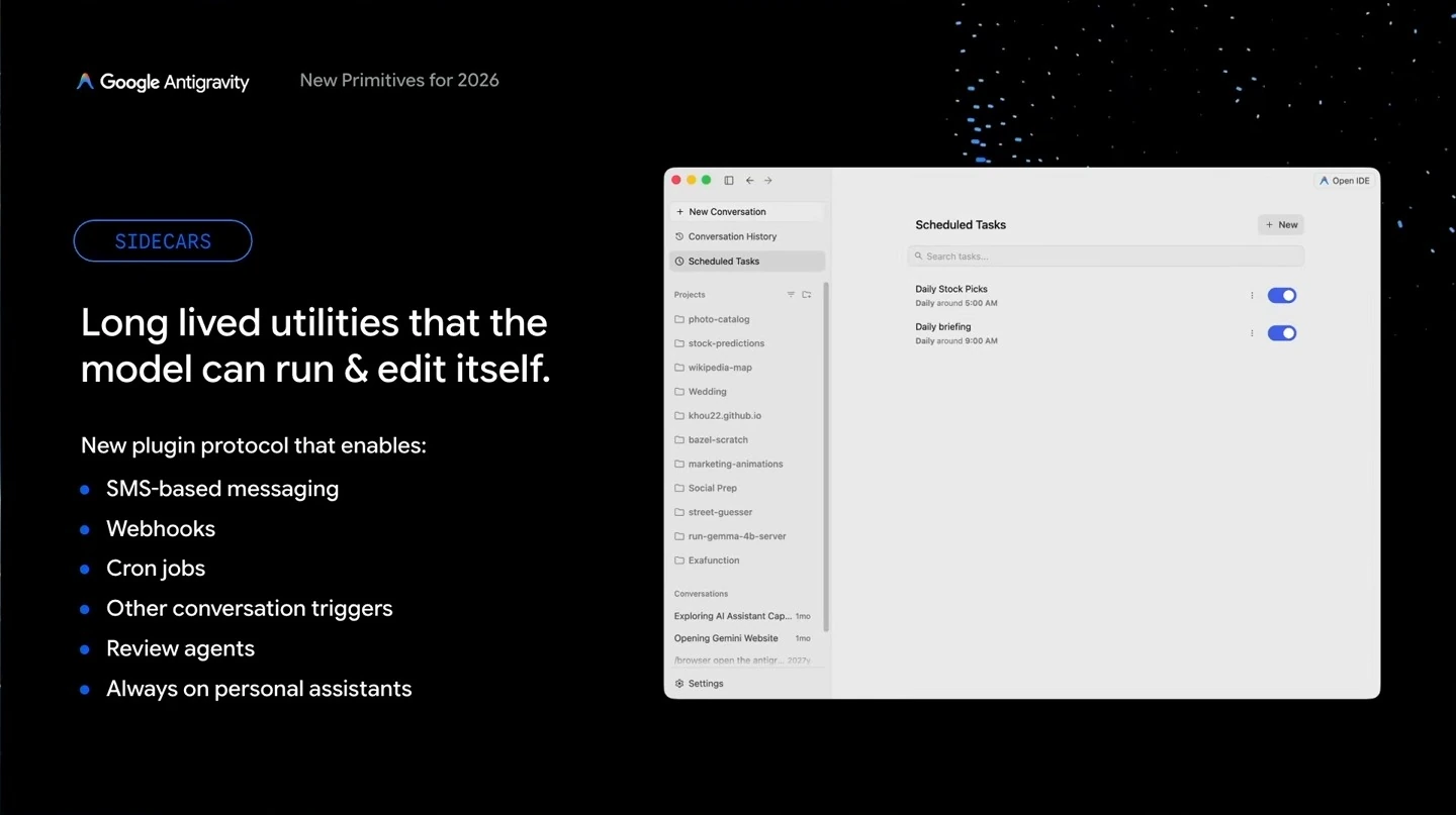 Slide describing long-lived sidecar utilities and their triggers, alongside a scheduled tasks interface.
