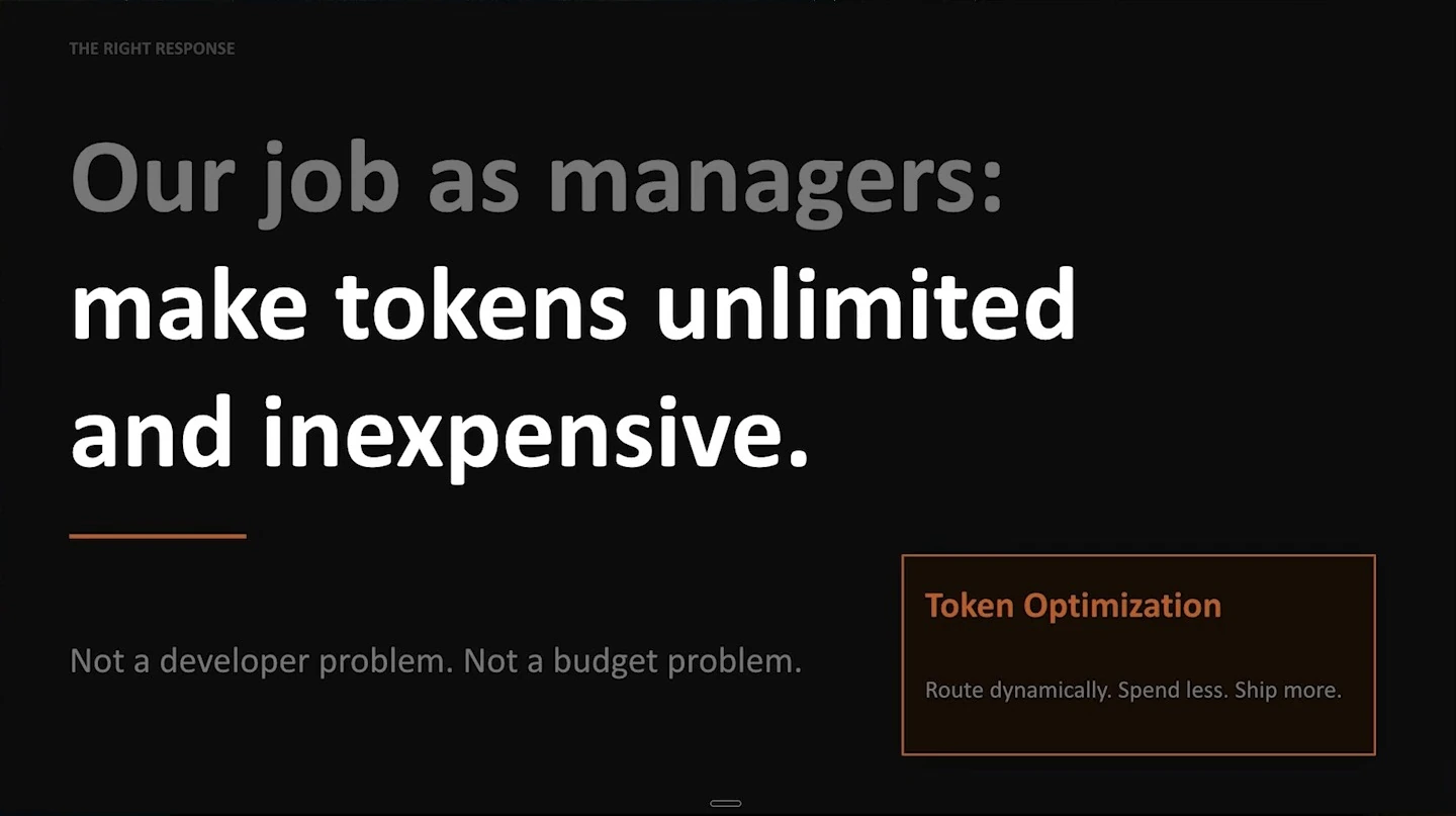 Managers are urged to make tokens unlimited and inexpensive, with a callout for dynamic routing and token optimization.