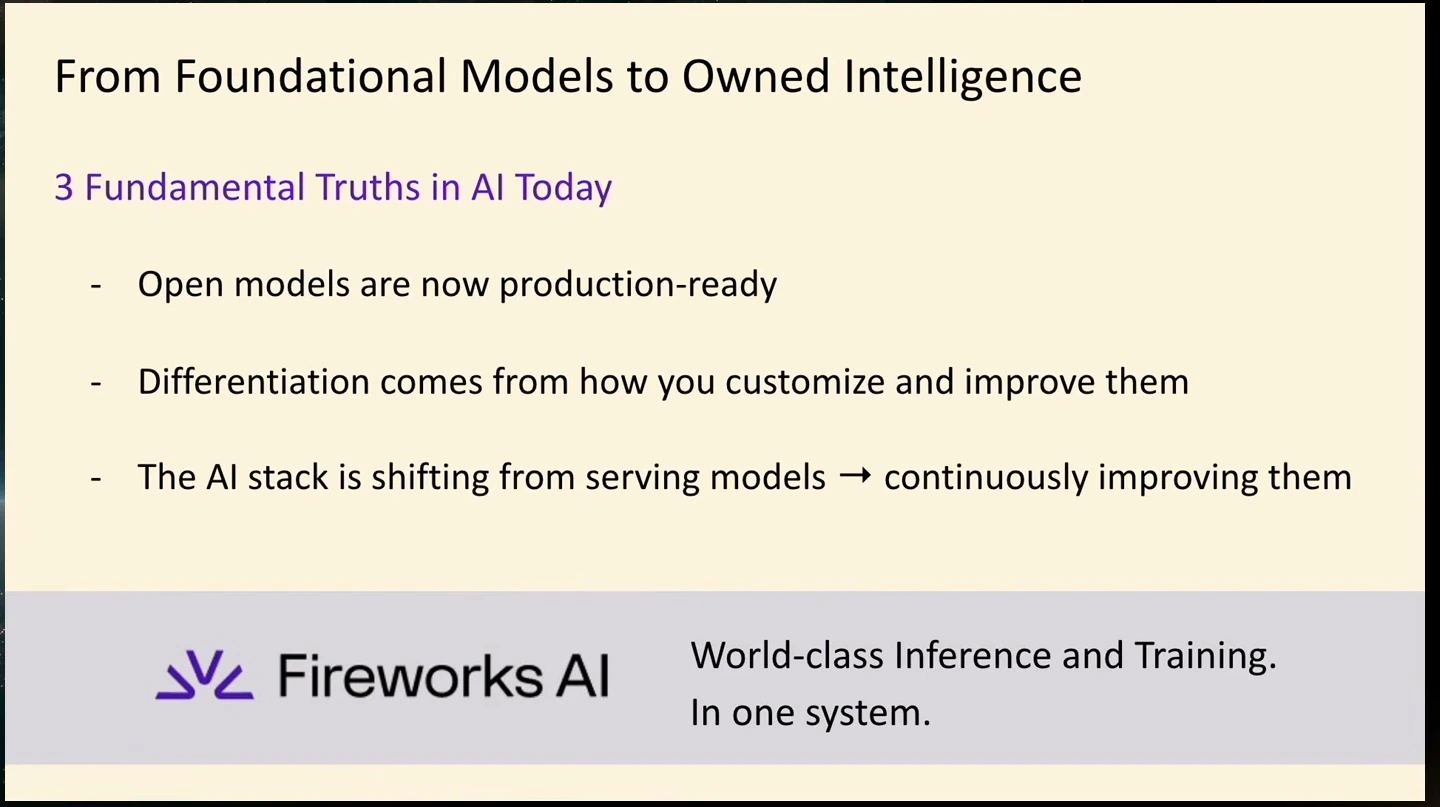 Three stated AI trends concern production-ready open models, customization, and continuous improvement. A banner describes Fireworks inference and training in one system.
