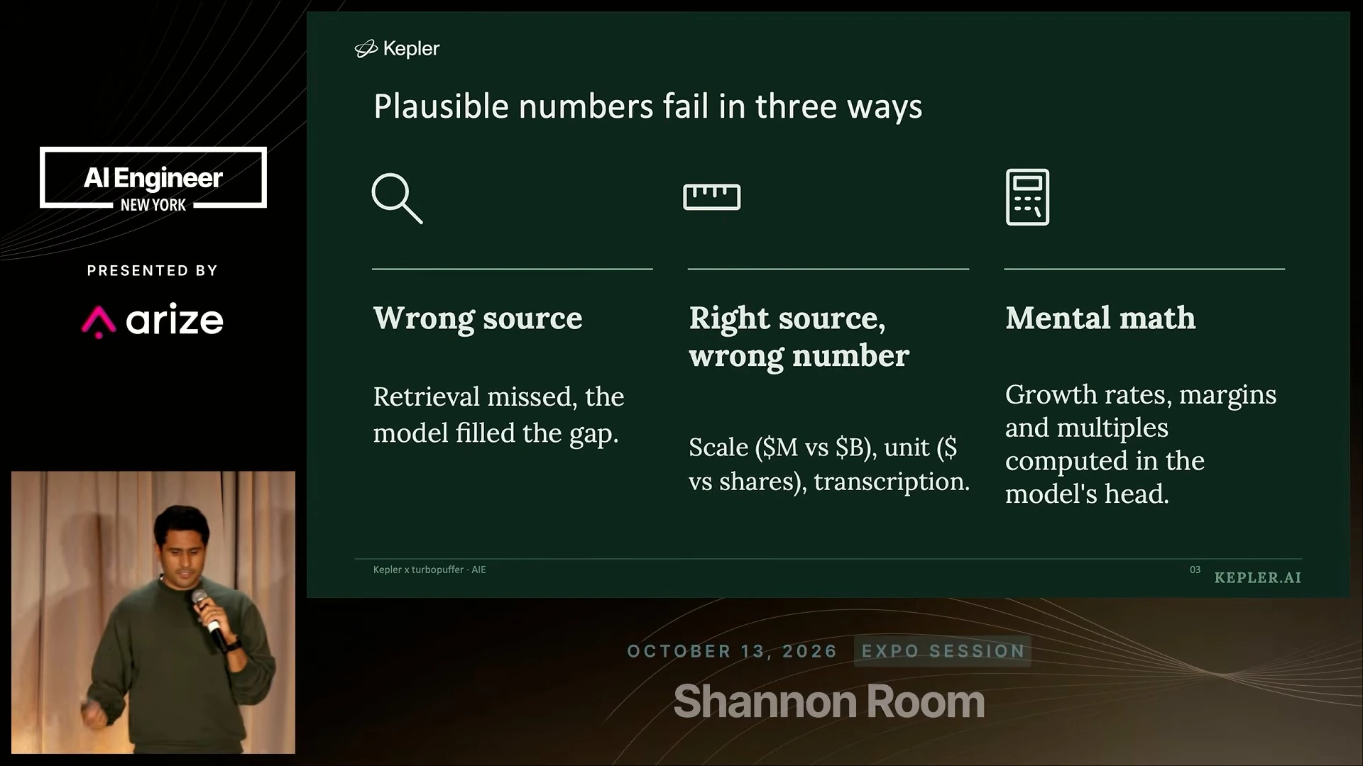 Three failure modes: wrong source; right source with incorrect scale, unit or transcription; and mental math for growth rates, margins and multiples.