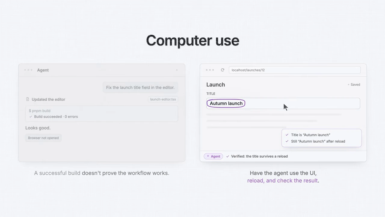 Slide contrasts a successful build with using the interface and reloading to verify that a launch title persists.