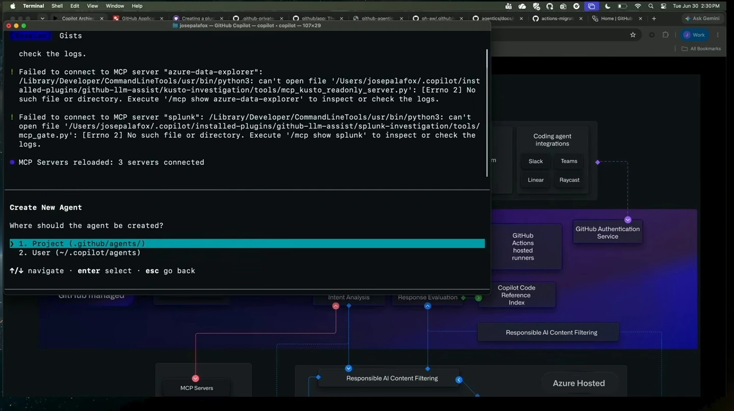 Copilot CLI asks where to create an agent, with the project option highlighted.