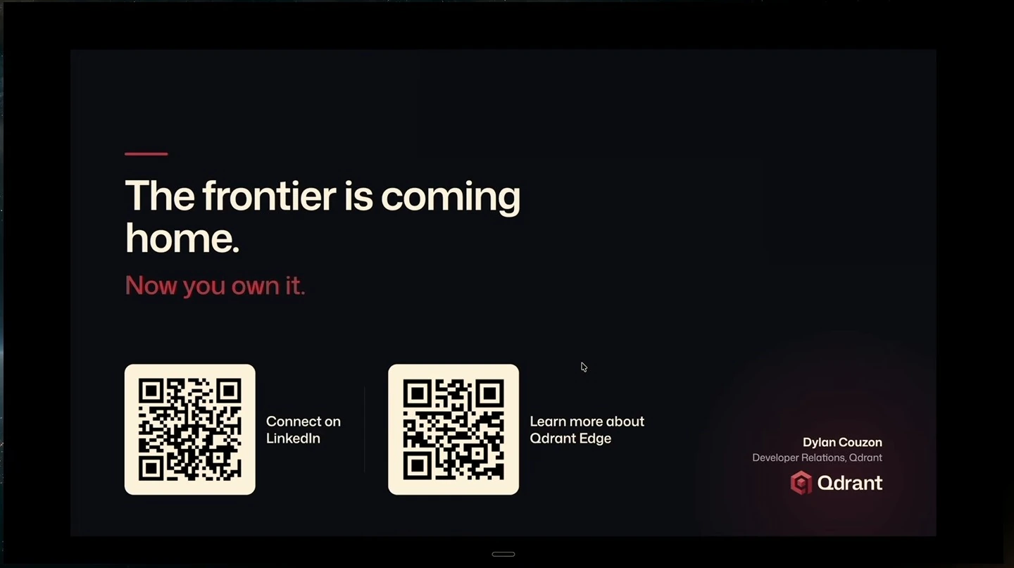 Closing slide says “Now you own it” and shows two QR codes for connecting and learning about Qdrant Edge.