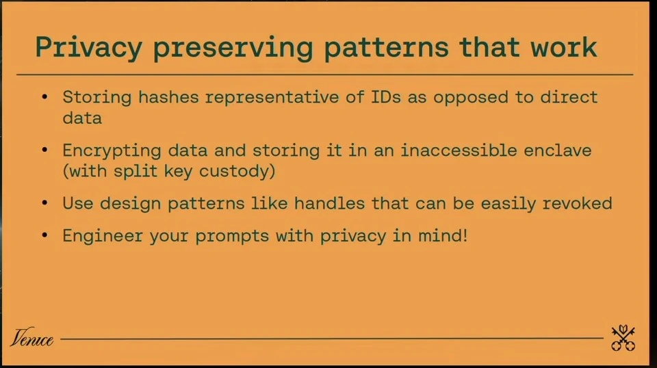 Slide listing hashed identifiers, encrypted storage, revocable handles and privacy-aware prompts.