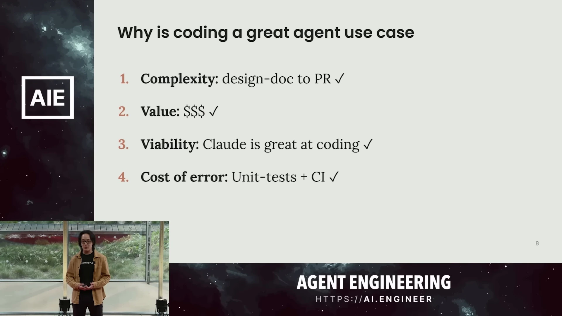 Slide lists complexity, value, viability, and verification through unit tests and CI as reasons coding suits agents.