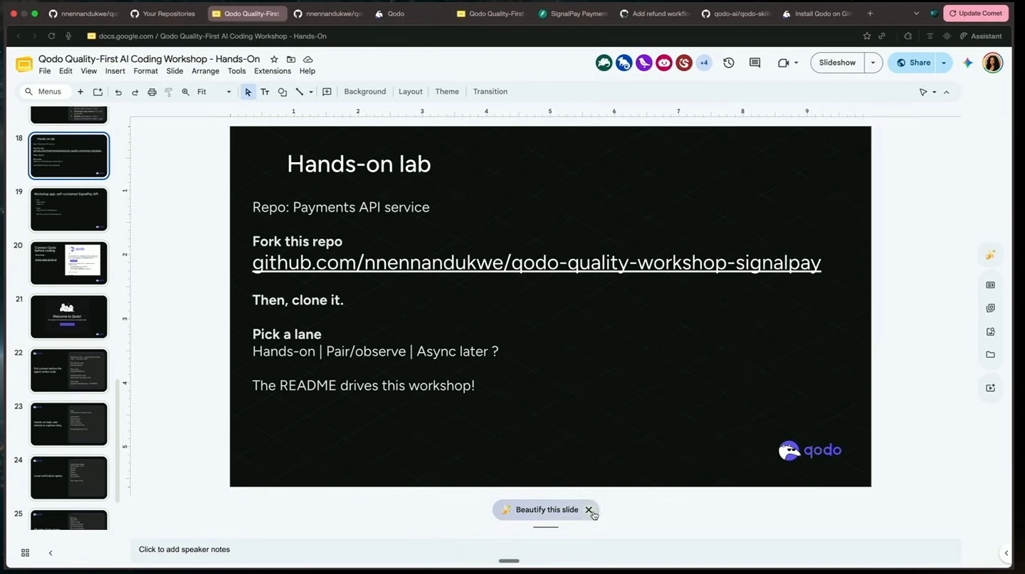 Workshop slide instructing participants to fork and clone a payments API repository and choose a participation lane.