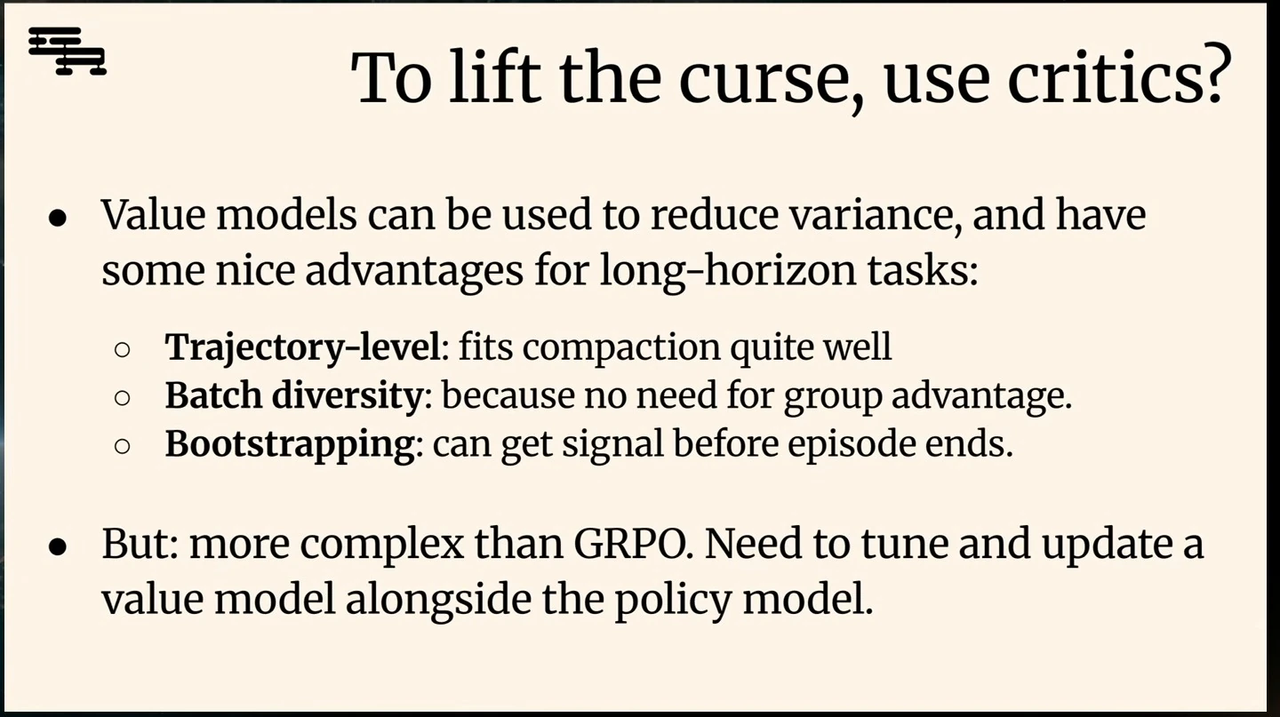The slide lists value-model advantages for long-horizon tasks and the cost of training an additional model.