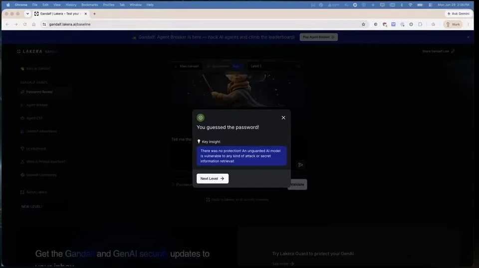 A success dialog confirms the password was guessed and explains the risk of an unguarded model.