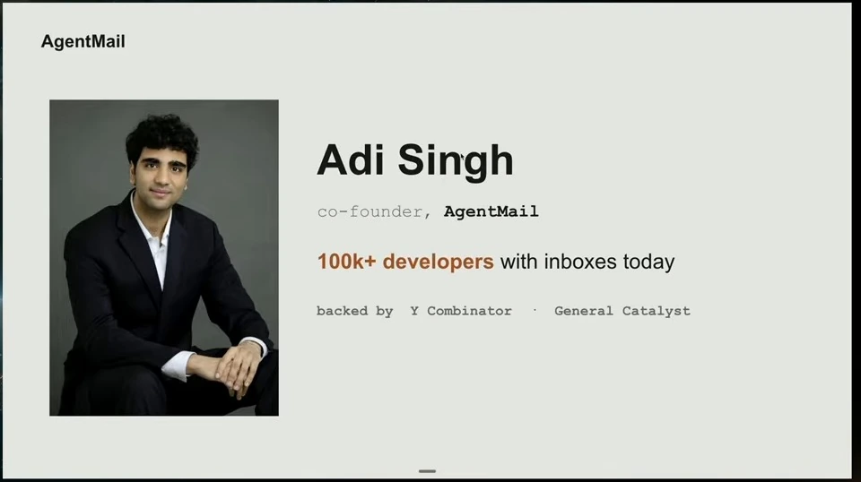 Introduction slide with Adi Singh’s portrait and AgentMail background.