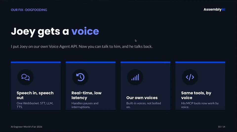 Joey's voice mode provides speech input and output, low latency, built-in voices, and access to the same tools by voice.