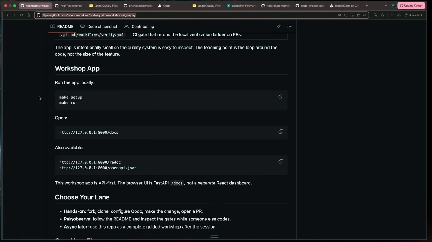 README shows local setup and run instructions, API documentation options, and participation lanes.