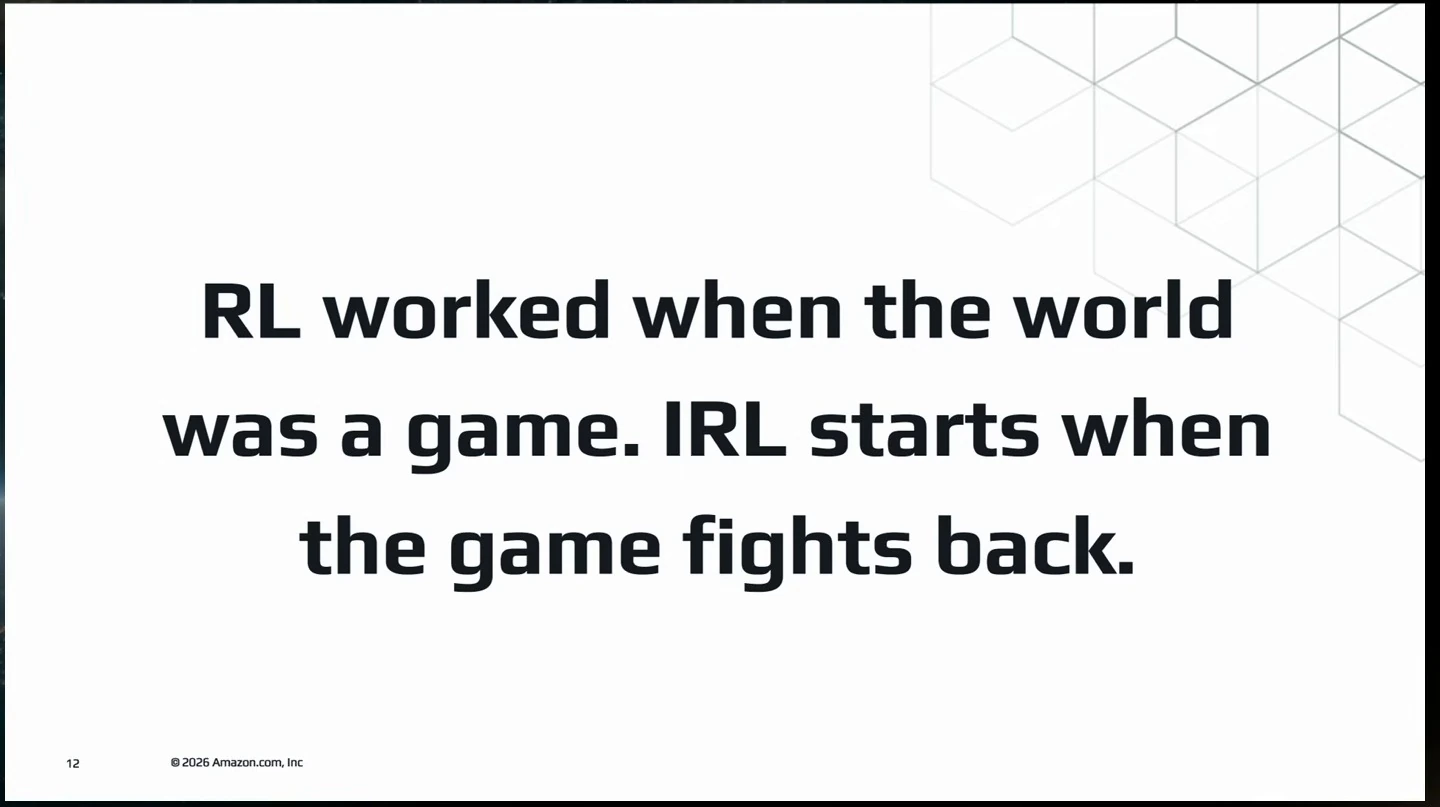 A statement contrasts reinforcement learning in games with real-world settings that fight back.
