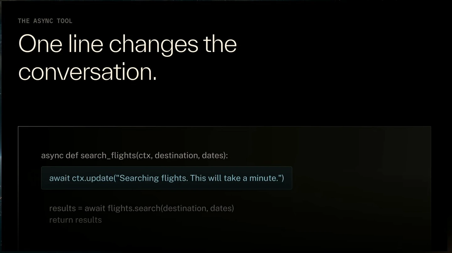 Code example highlights an asynchronous status update before a flight search.
