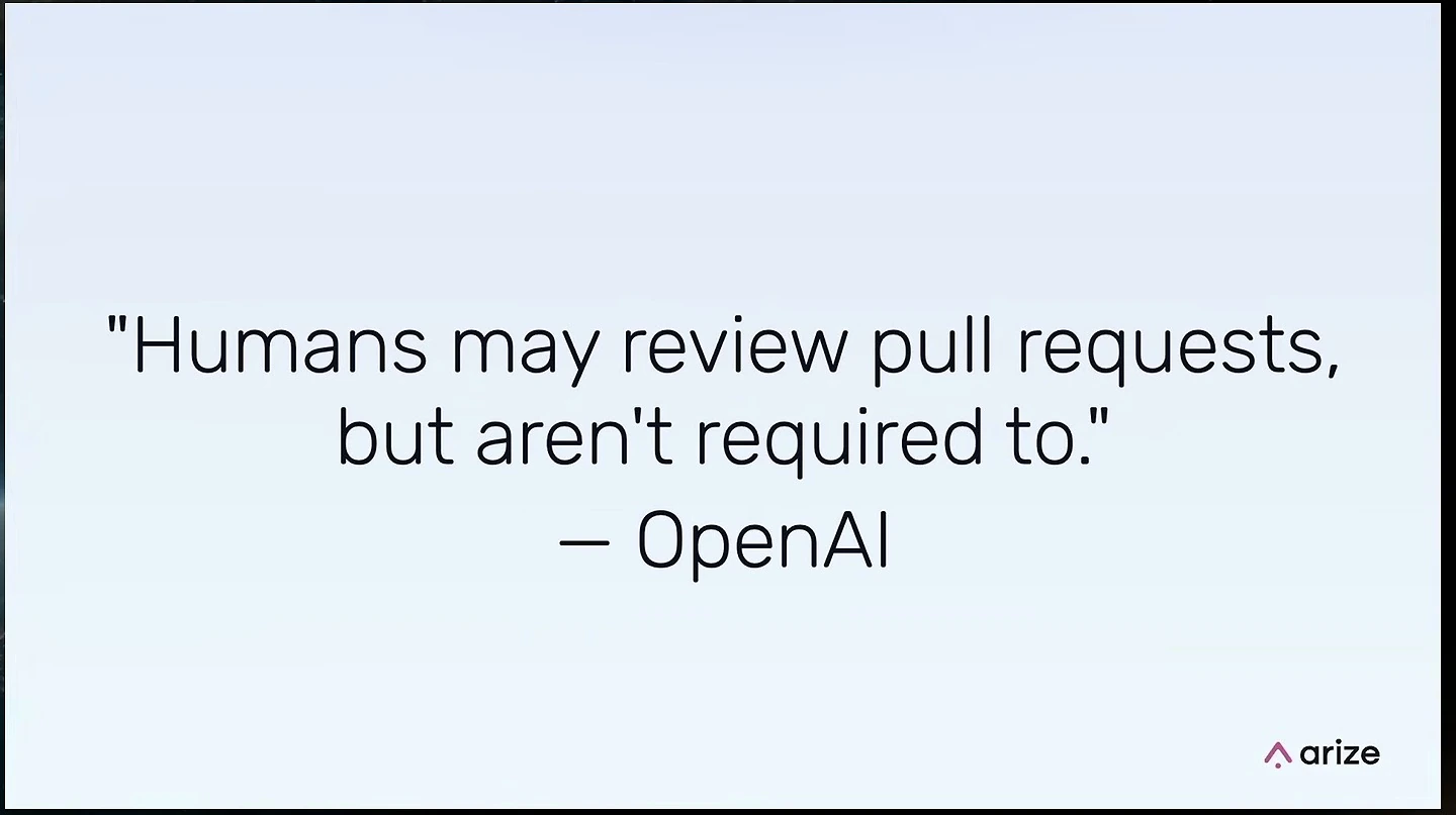 Slide attributing to OpenAI the statement that humans may review pull requests but aren't required to.