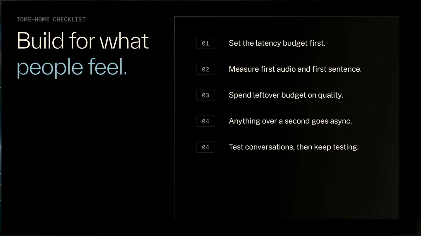 A checklist covers latency budgets, measuring first audio and sentence, model quality, asynchronous work, and conversation testing.