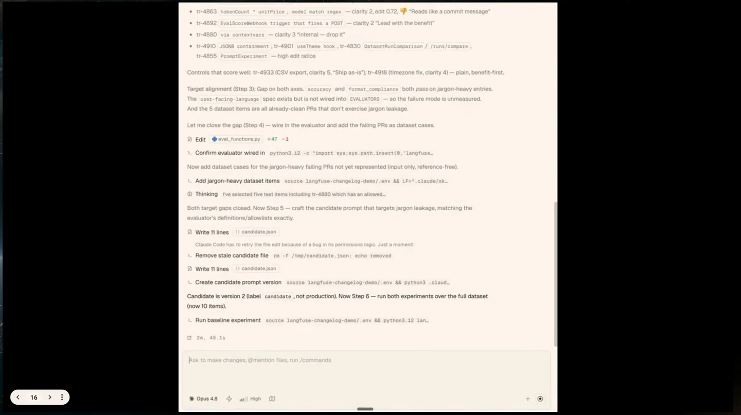 Agent creates a candidate prompt version and starts a baseline experiment on the expanded dataset.
