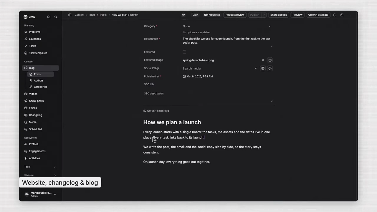 A CMS blog editor showing a launch planning post and its publication fields.